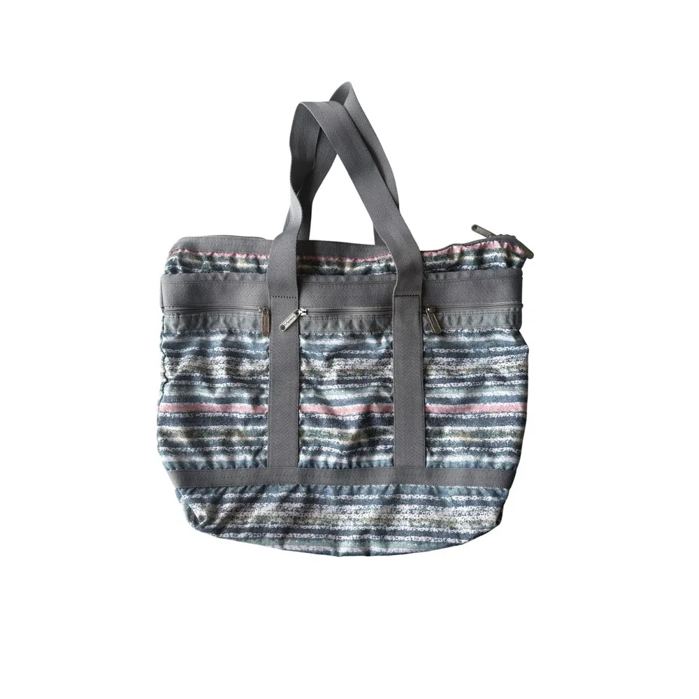 LeSportsac Large Nylon Tote Bag Multi Color Stripe Zip Top Shoulder Bag Grey